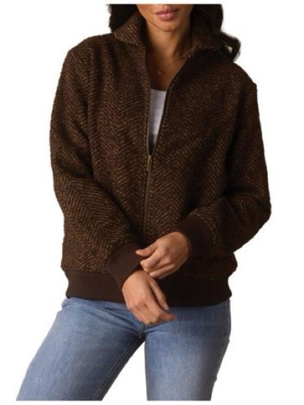 The Normal Brand Heritage Brown Herringbone Full Zip Fleece Lined Knit Jacket